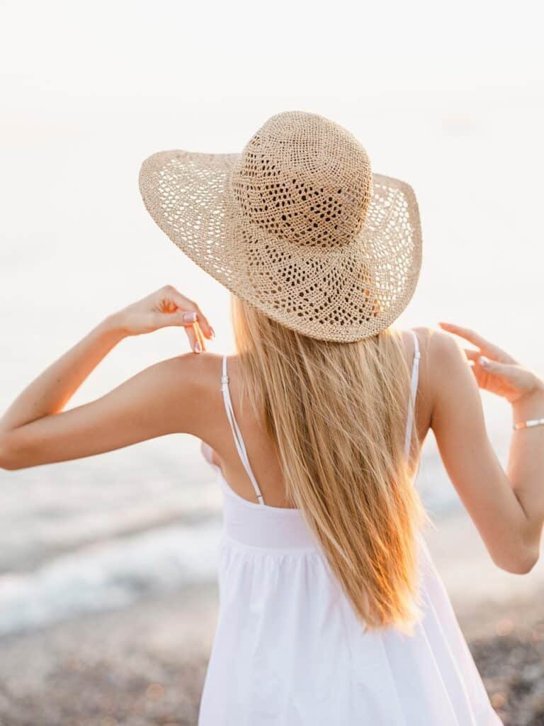 woman, dress, hat, back, girl, beautiful, model, coast, holiday, tourism, trip, wicker hat, fashion, clothes, white dress, attractive, nature, youth, portrait, hair, beach