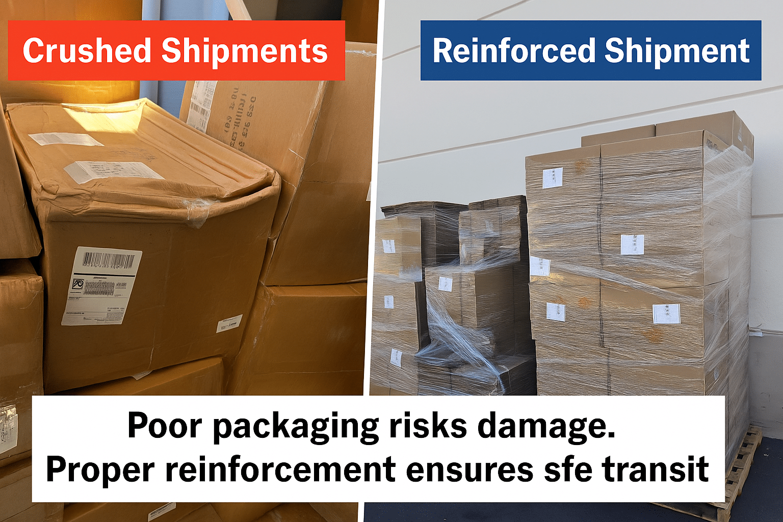 Comparison of packaging for straw hats. Left shows crushed cartons from poor transport protection. Right shows reinforced cartons on pallets with plastic wrap, ensuring safe delivery.
