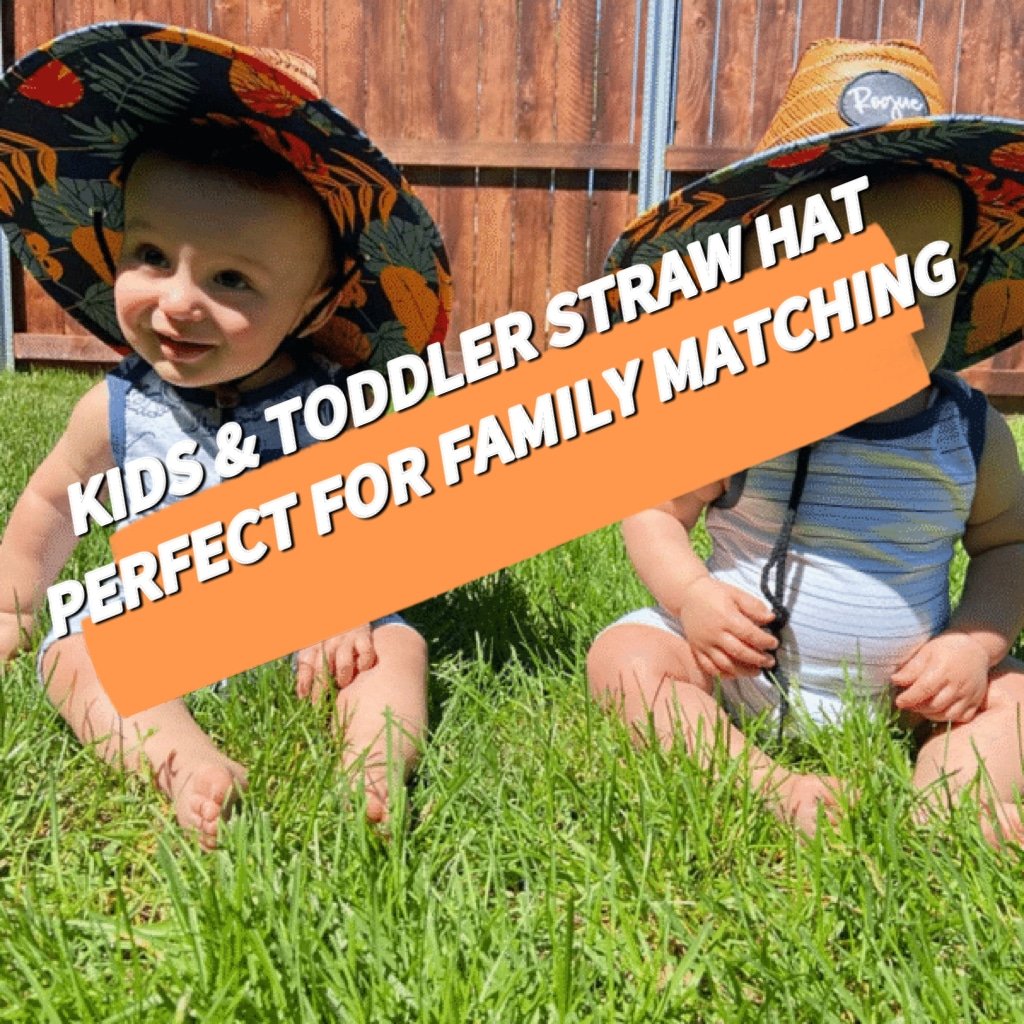 Two toddlers sitting on the grass, each wearing a colorful straw hat with a floral pattern. 'Kids & Toddler Straw Hat: Perfect for Family Matching
