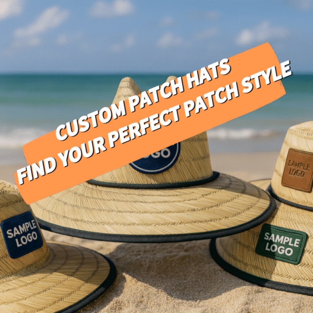 Three straw hats with different custom patches featuring logos, displayed on a beach with the ocean in the background. The image has a bold text overlay: 'Custom Patch Hats: Find Your Perfect Patch Style,' showcasing various patch styles on the hats.