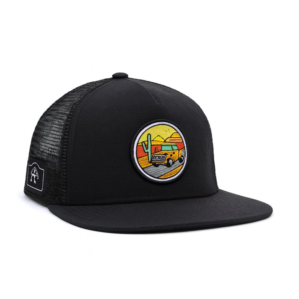 black trucker hat with desert landscape patch and retro sunset design — outdoor style cap by MYSELF
