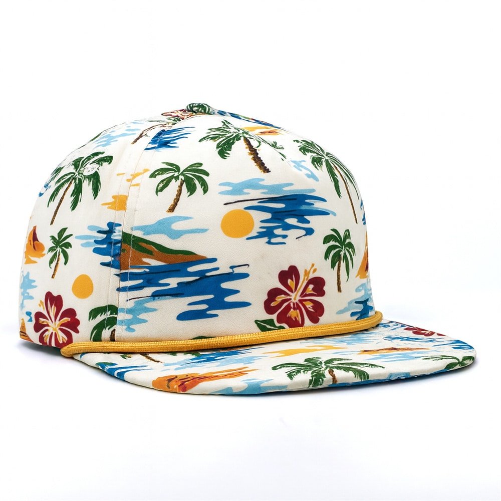 tropical floral print lifeguard hat with palm trees and hibiscus pattern — summer beach hat by MYSELF