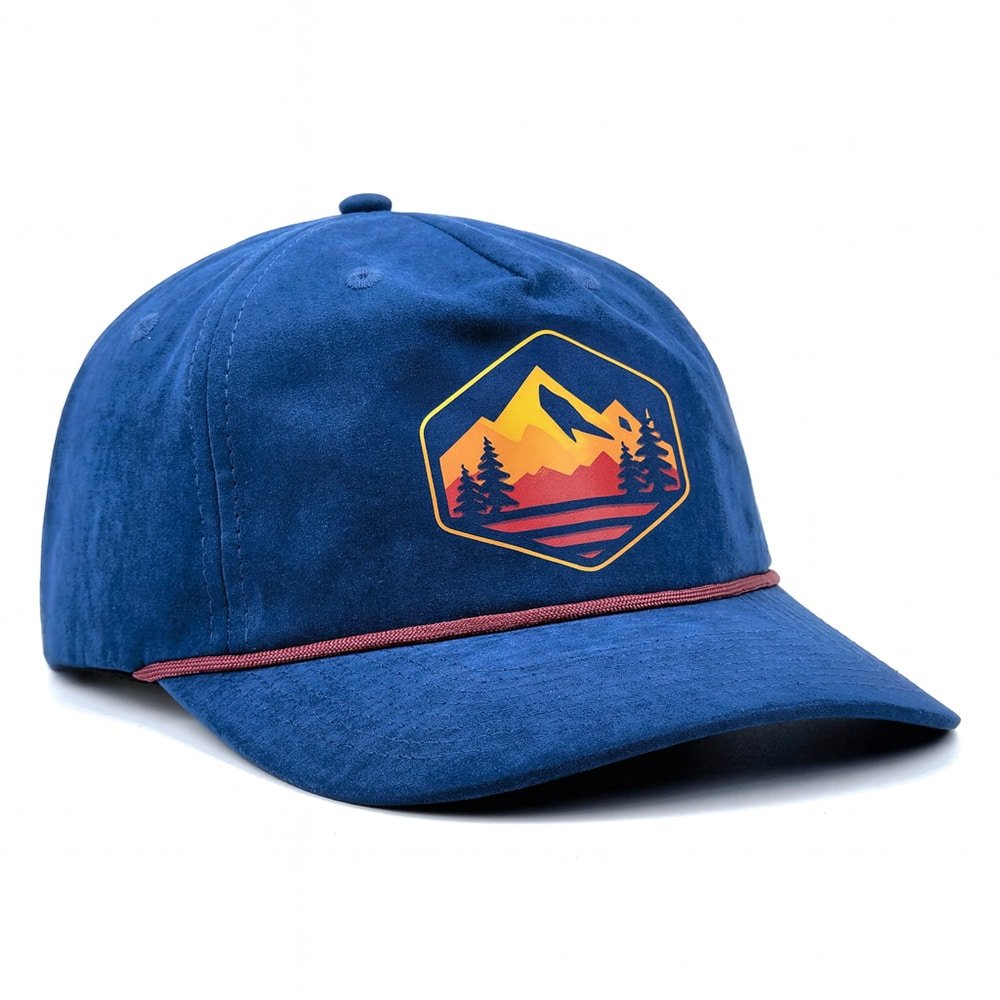 navy blue mountain patch hat with embroidered logo — custom outdoor adventure cap by MYSELF Hat Factory