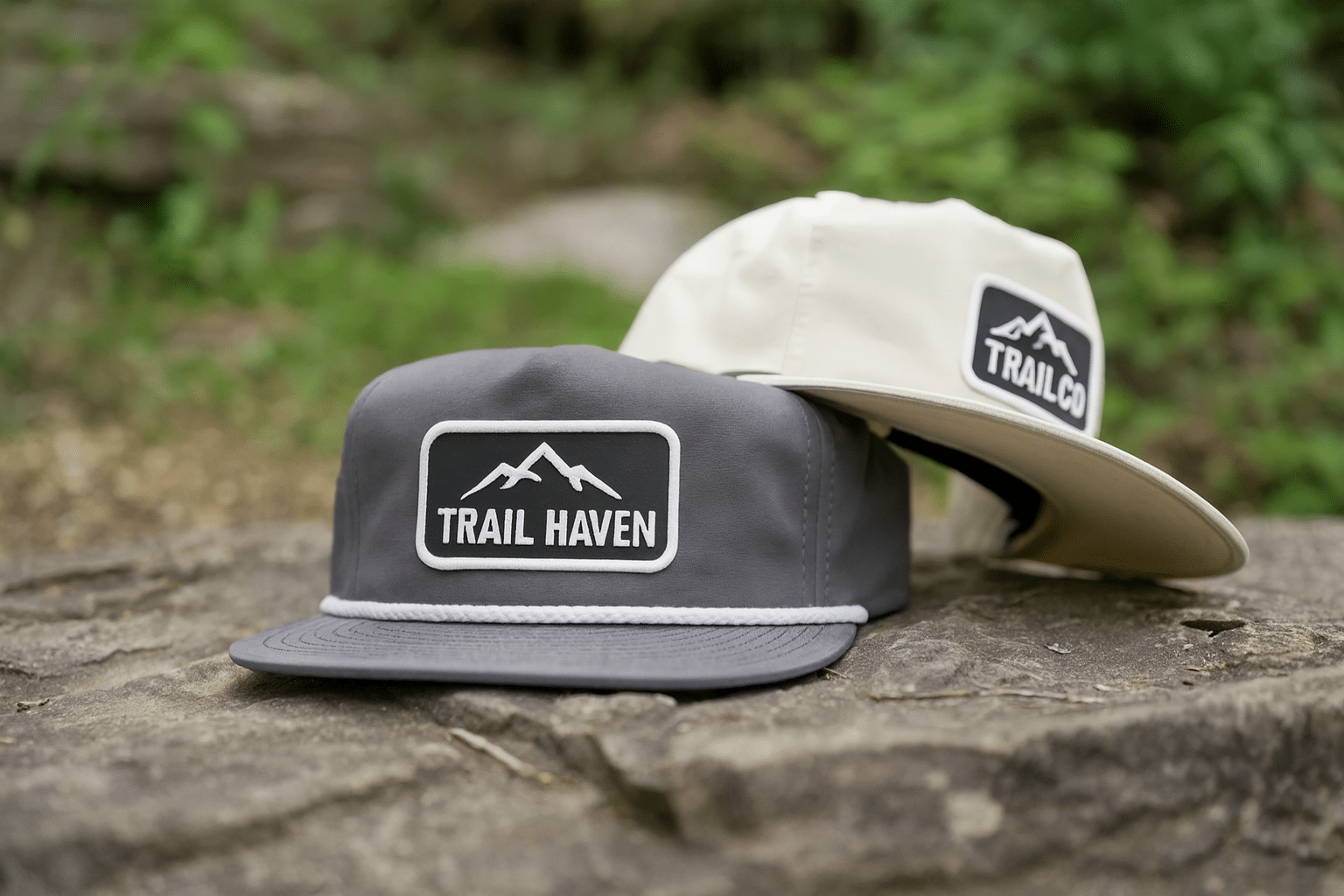 Outdoor photo of gray 5-panel rope cap with mountain logo patch and braided rope, second cream cap behind—ideal for custom logo hats and wholesale rope hats.