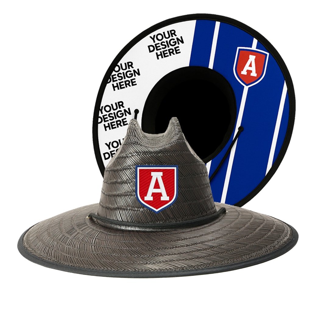 Custom black straw lifeguard hat with shield logo patch and YOUR DESIGN HERE under-brim print mockup.