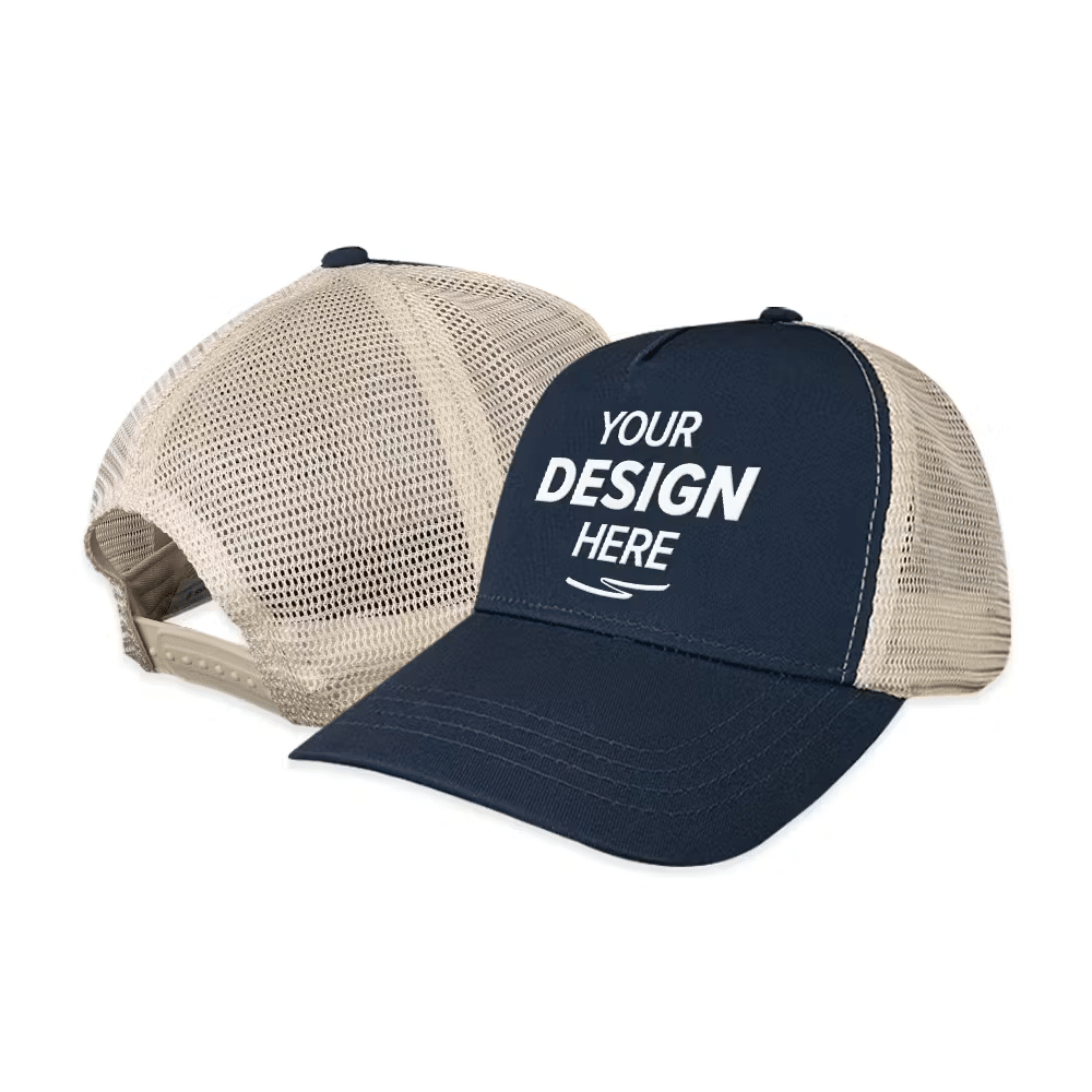 Navy front and beige mesh back trucker cap mockup showing front and back views, curved brim and snapback; ideal for B2B custom logo hats and wholesale trucker hats.