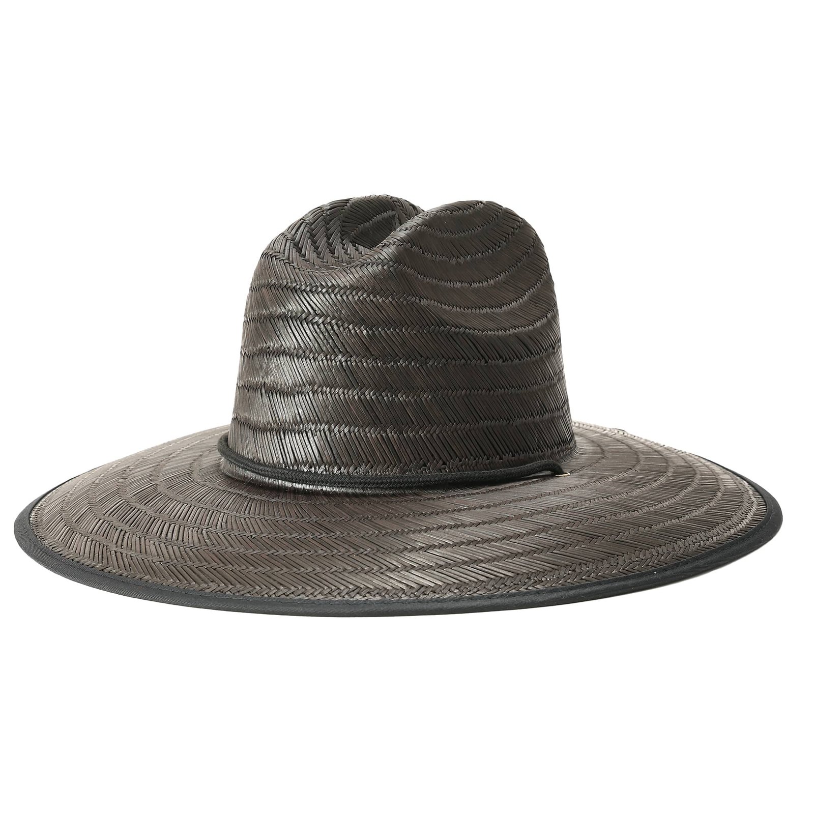 Black straw sun hat with wide brim and clean edge binding—blank lifeguard style for custom logo patch.