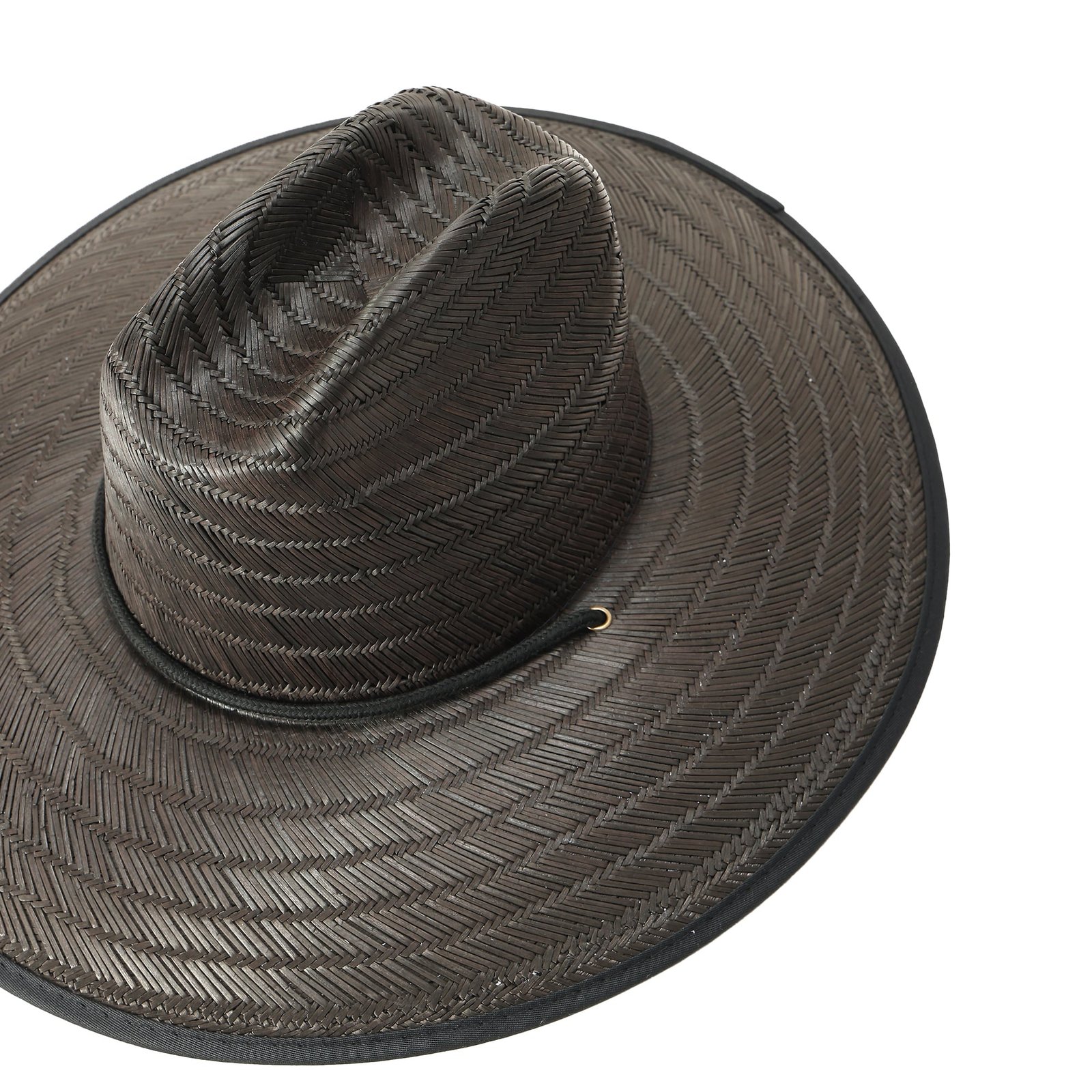 Herringbone-weave straw lifeguard hat, wide-brim sun protection with chin-cord eyelets and black edge trim.