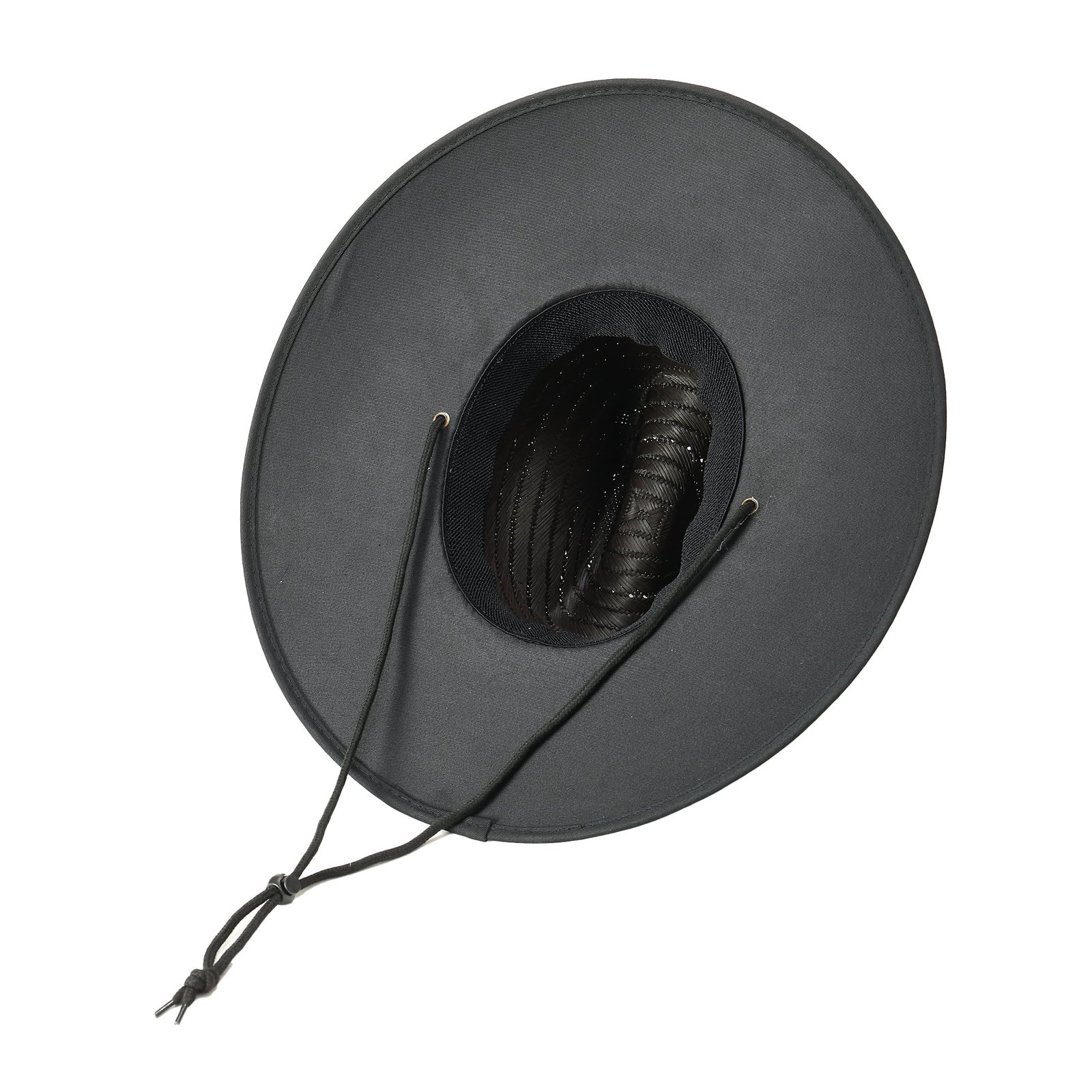 Black straw lifeguard hat under-brim angle with adjustable chin cord and elastic sweatband, blank for custom print.