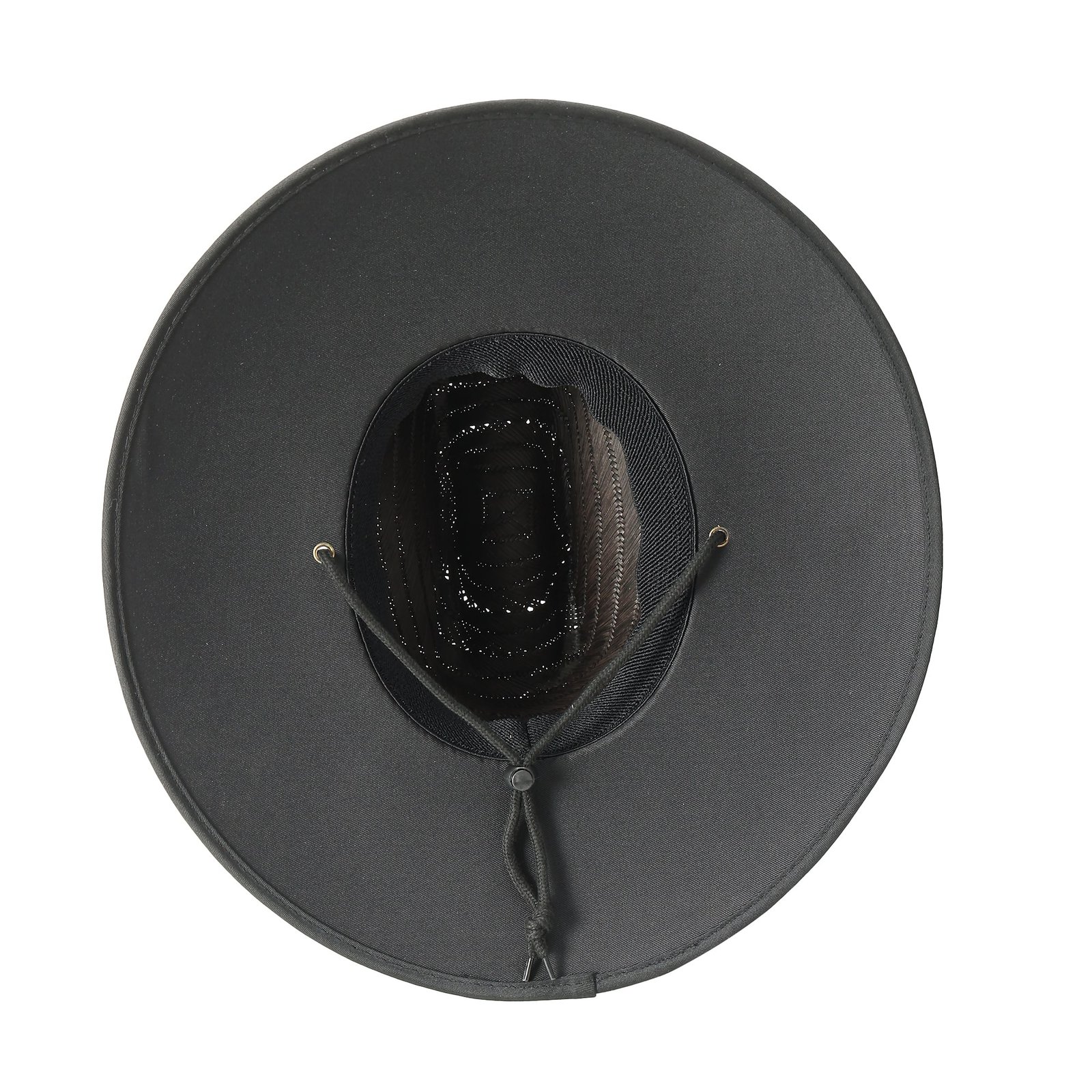 Top view of black lifeguard straw hat under-brim with chin strap and mesh crown, ready for printing.
