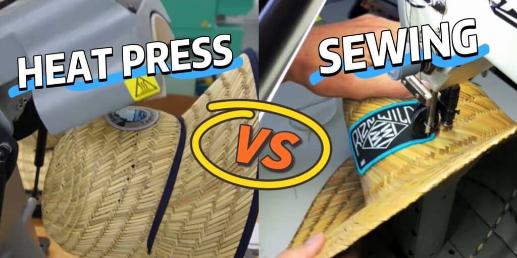 Comparison of two straw hat patch application methods — heat press vs sewing