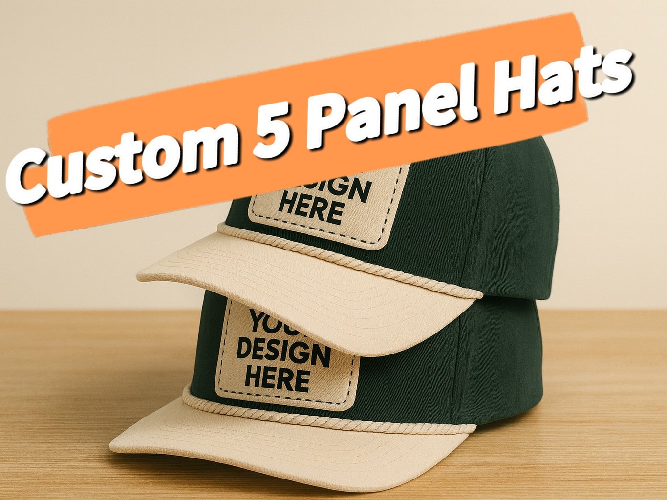 Custom 5-panel hats with logo patch—two stacked caps product mockup for wholesale.