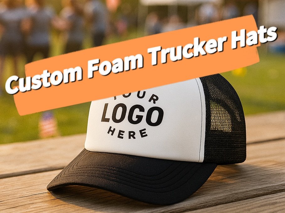 Branded foam trucker hat for events—white foam panel, black mesh back—photographed at an outdoor team-building meetup.