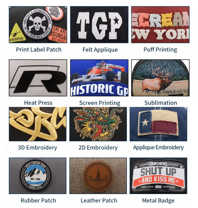 A detailed display of custom baseball cap decoration techniques, including print label patch, felt applique, puff printing, heat press, screen printing, sublimation, 3D embroidery, 2D embroidery, applique embroidery, rubber patch, leather patch, and metal badge. The image showcases different patch and printing options used for customizing baseball caps, highlighting texture, color, and craftsmanship.