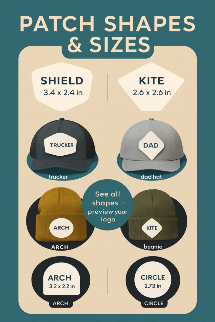 Patch shapes and sizes guide for custom hats—shield, kite, arch, circle on trucker, dad, beanie.
