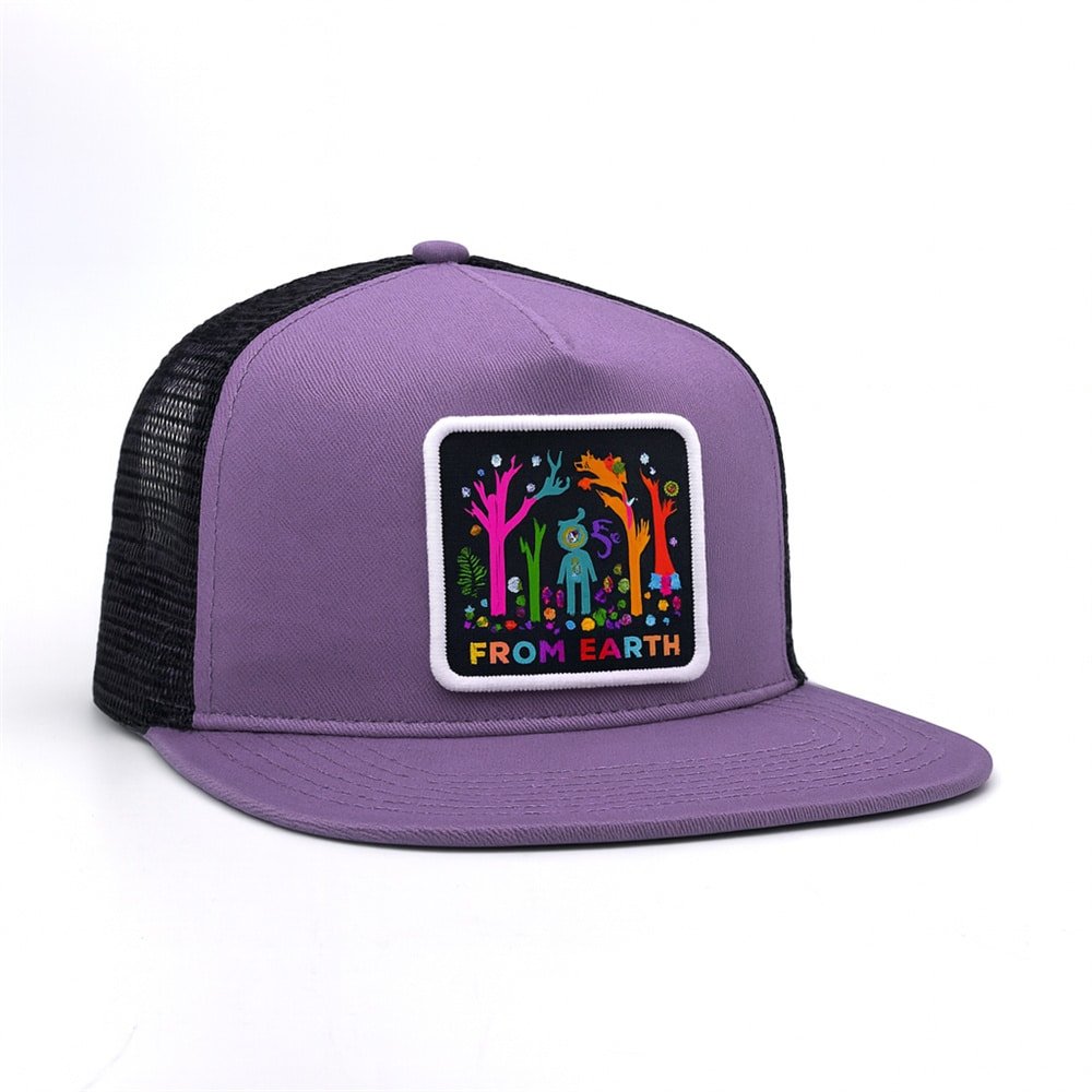purple mesh back trucker hat with colorful forest patch — FROM EARTH art-inspired design by MYSELF
