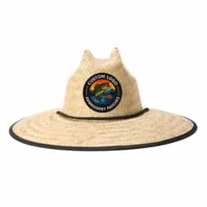 Handmade straw lifeguard hat with custom logo embroidery on crown; wholesale custom straw hats for U.S. retailers and event merch.