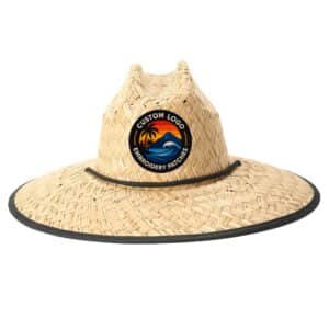 Personalized straw lifeguard hat with tropical logo patch and rope trim; order custom hats in bulk for beach promotions & corporate gifting.