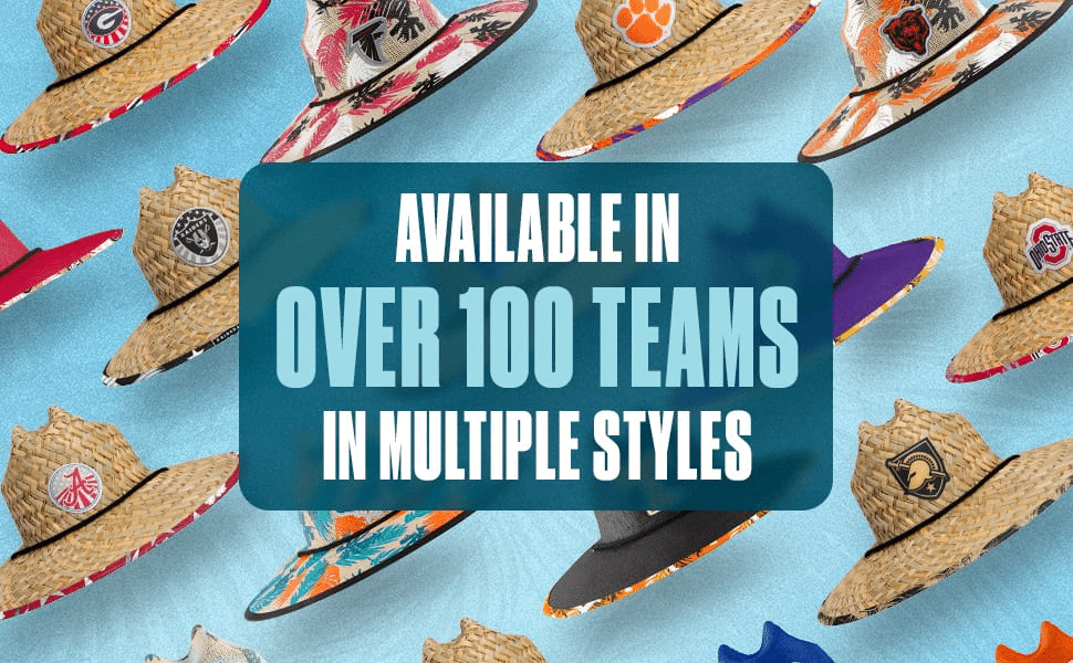 Multiple straw lifeguard hats with colorful under-brim prints and custom team logo patches displayed on a blue background, featuring a banner that reads “Available in over 100 teams in multiple styles.