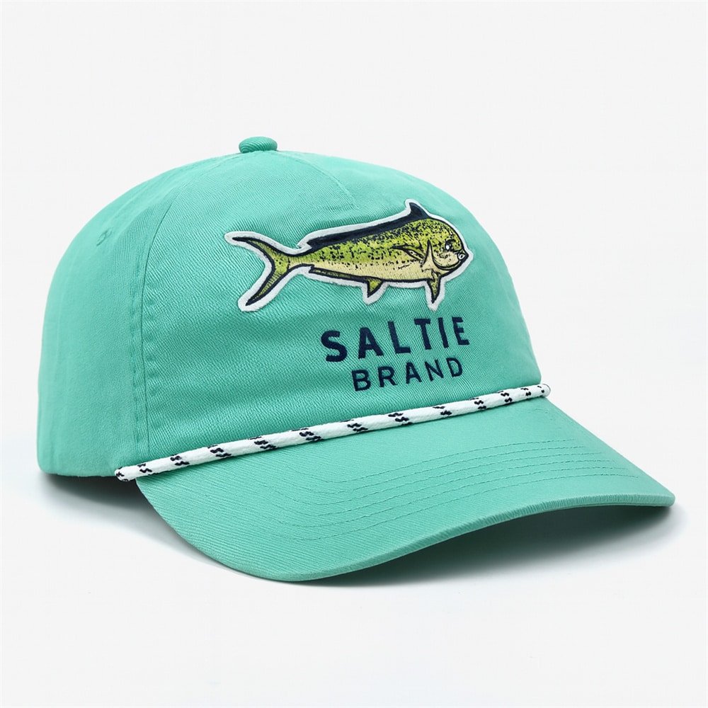 mint green fishing hat with embroidered fish patch and rope accent — custom design by MYSELF Hat Factory