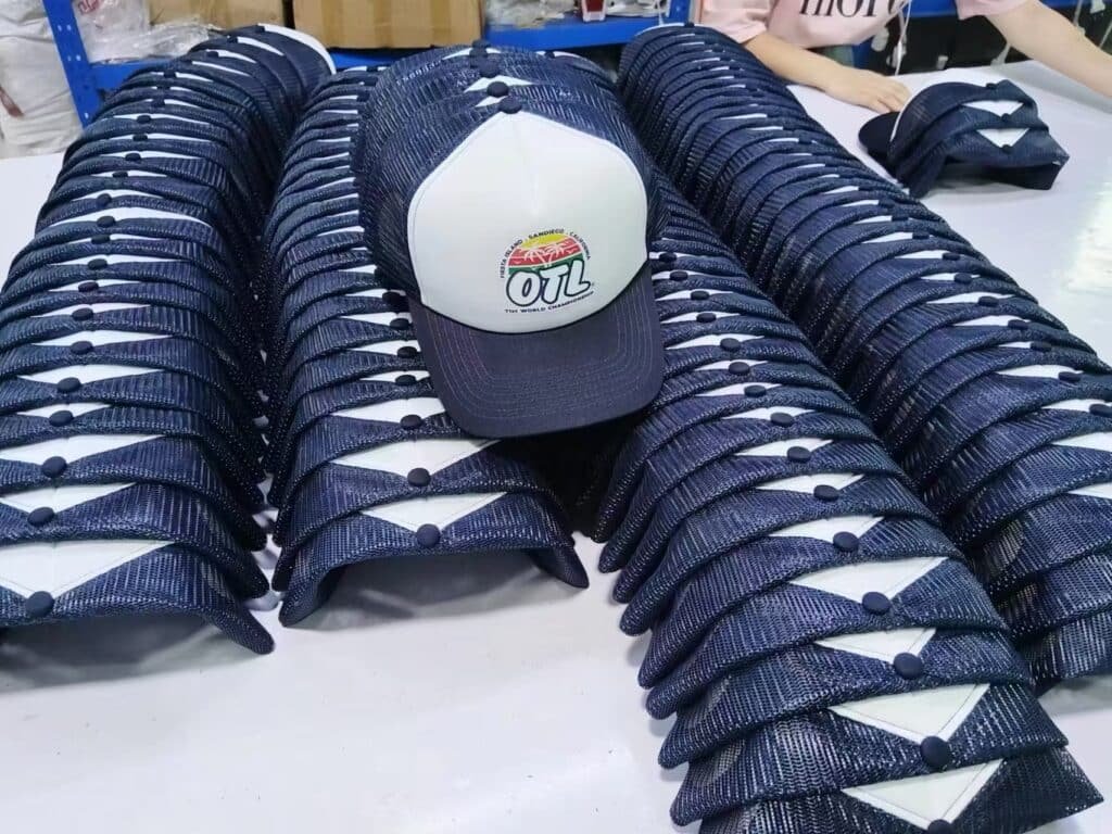 Foam-front trucker with a full-color logo patch; high-volume production lines ensure tight QC and fast door-to-door shipping to the U.S.