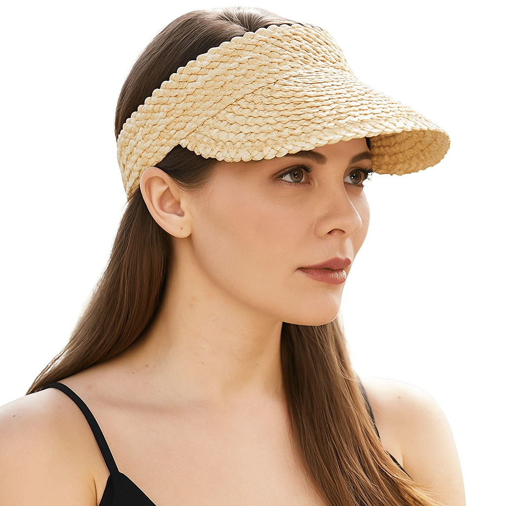 Women’s braided straw visors, lightweight woven brim for everyday summer style.