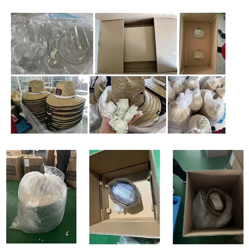 Reinforced packaging process for straw hats — each hat wrapped in plastic, stacked with moisture absorbers, and placed in double-wall cartons for safe international shipping.