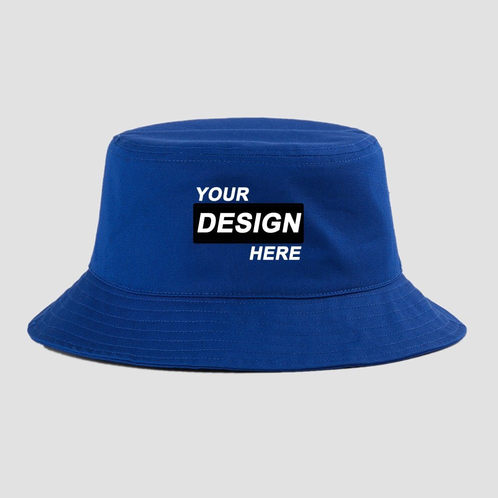 Royal blue custom bucket hat template featuring a bold front logo space that says “YOUR DESIGN HERE”.
