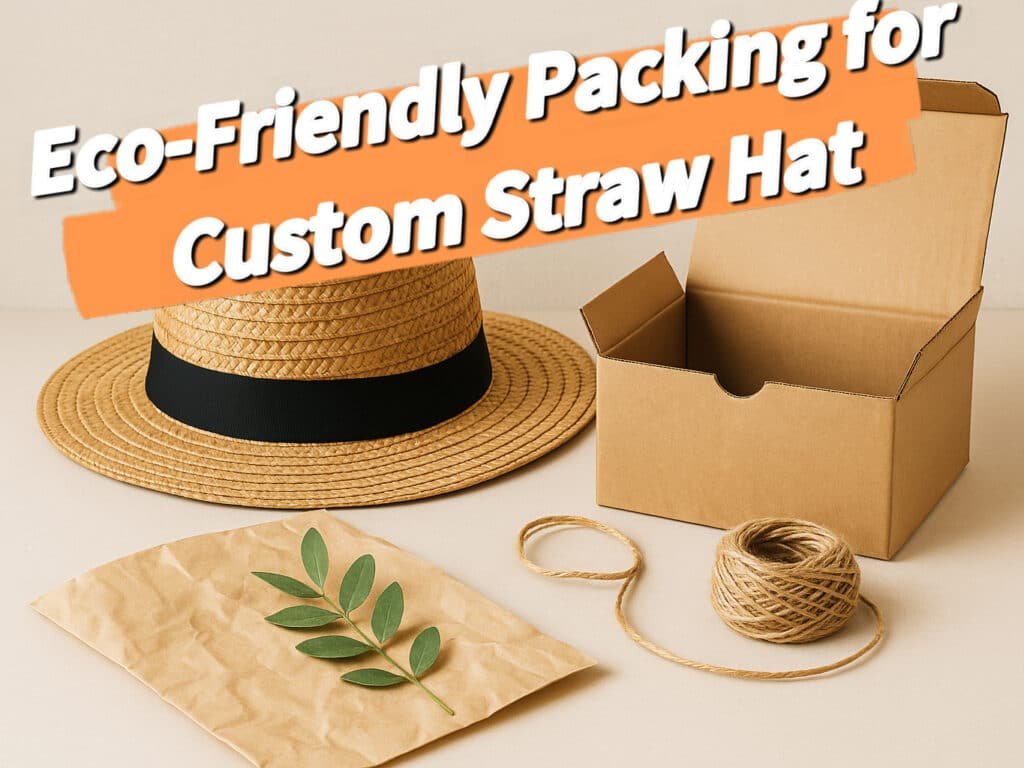 Custom straw hat with eco-friendly kraft box, twine and paper wrap on a beige background.
