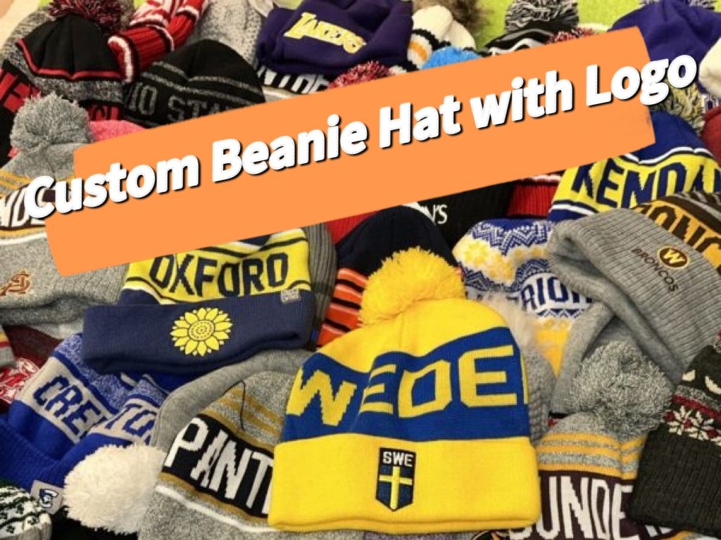 Custom beanie hat with logo samples—jacquard and pom beanies; make your own beanie with a beanie manufacturer.
