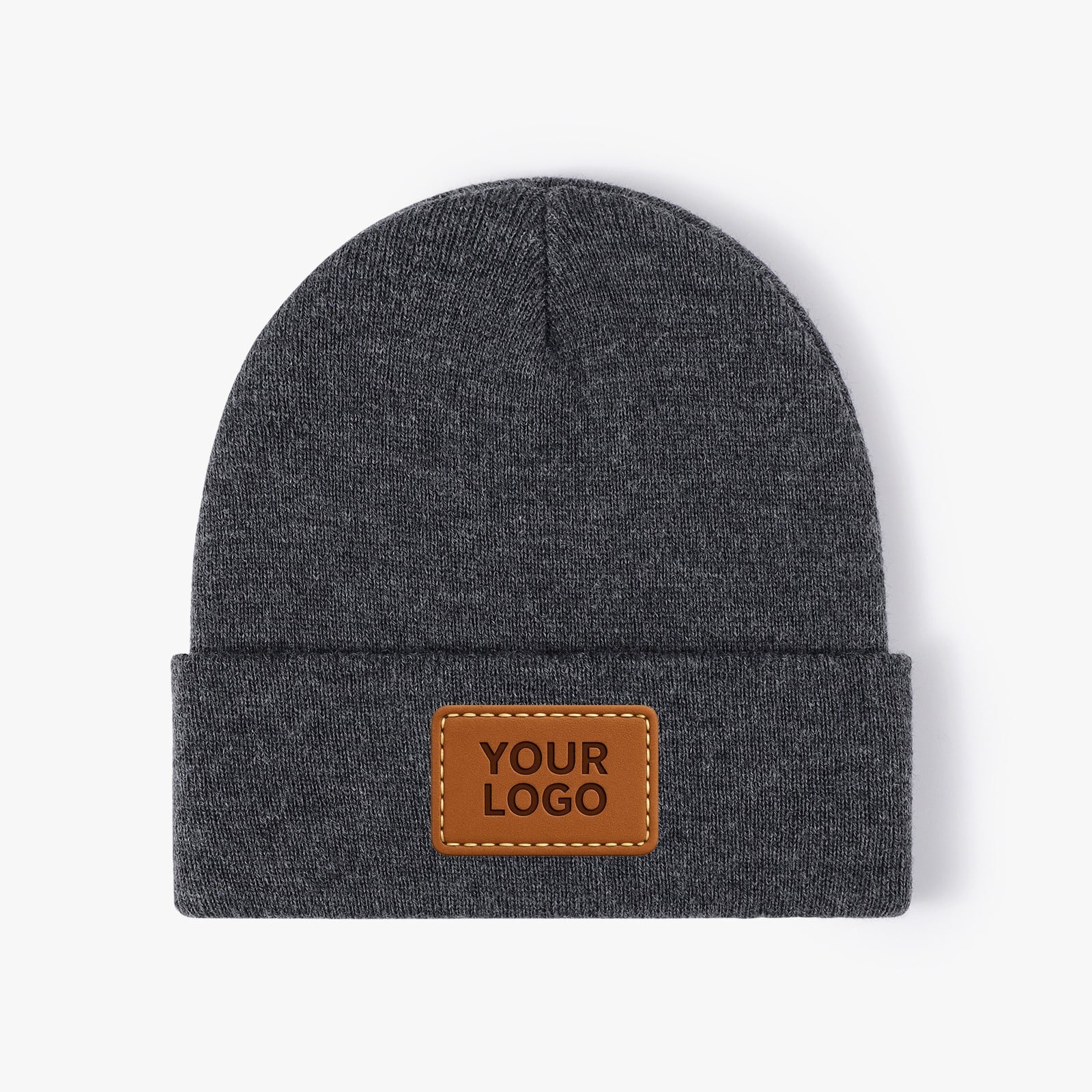 Charcoal fisherman beanie with logo patch—streetwear merchandising.