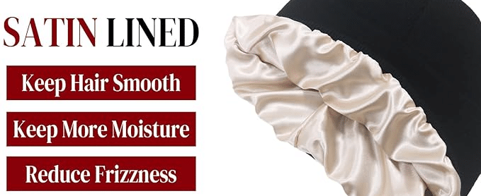 Satin lined beanie with beige satin interior—keeps hair smooth, locks moisture, reduces frizz; suitable for all hairstyles.