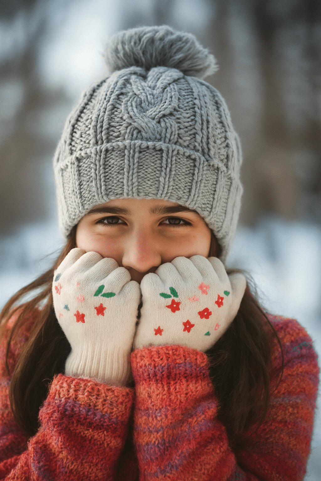 Woman in cable-knit ladies beanie—soft acrylic for boutique lines.