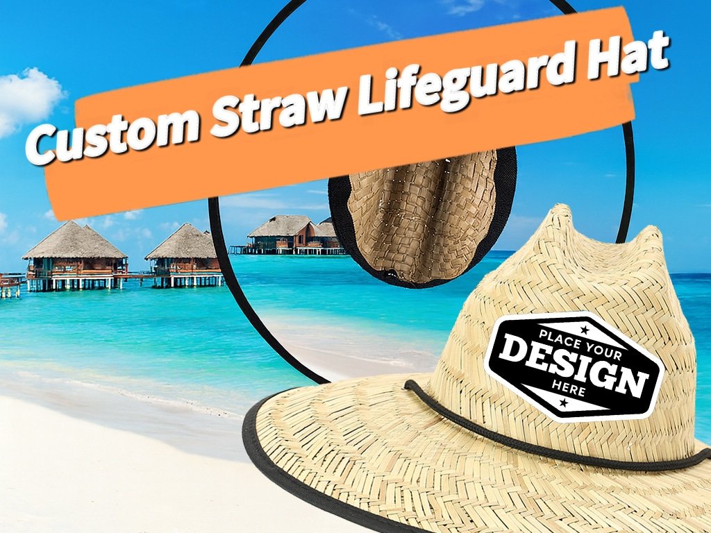 Custom straw lifeguard hat with logo patch displayed on a tropical beach background, showing the under-brim detail and promoting personalized straw hats for outdoor use.
