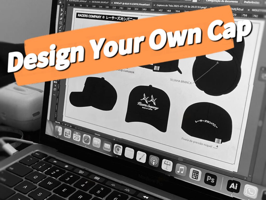 Custom baseball cap design layout prepared for overseas factory sampling