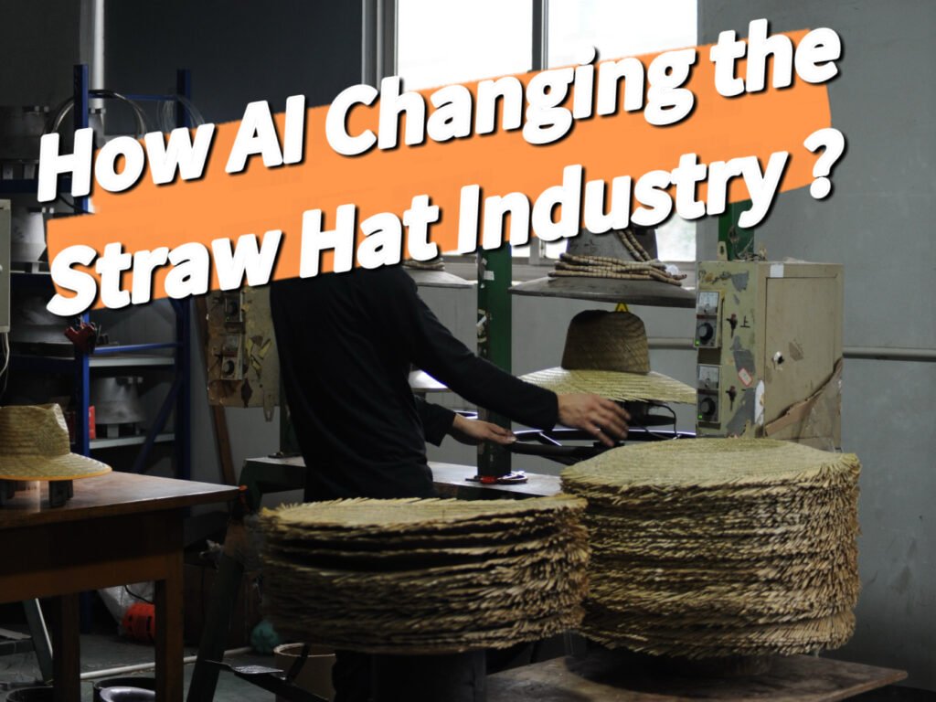 Straw hat production line showing machine shaping and stacked straw hat bodies
