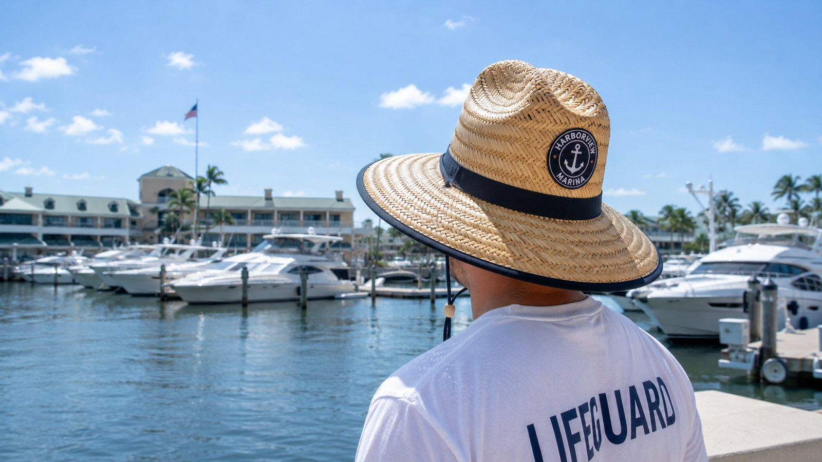 Custom straw lifeguard hat worn by marina staff beside yachts