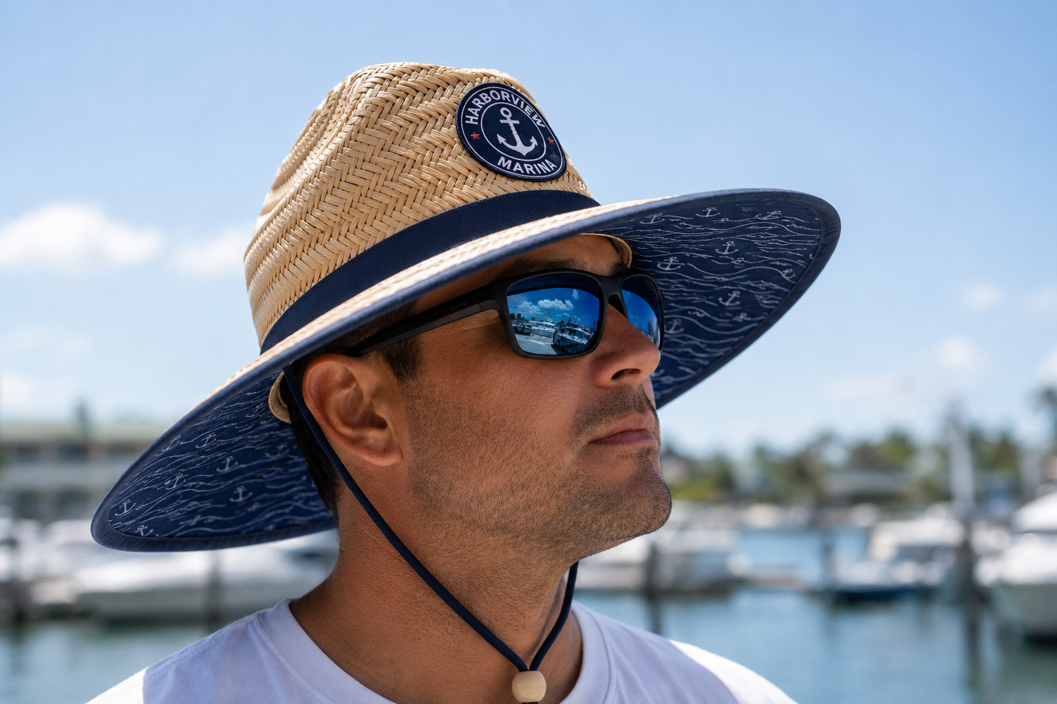 Custom printed underbrim on a straw lifeguard hat at a marina