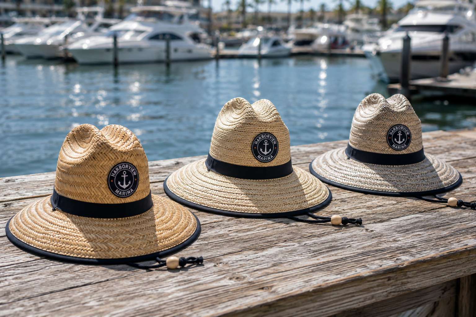 Three custom straw lifeguard hats displayed on a marina dock