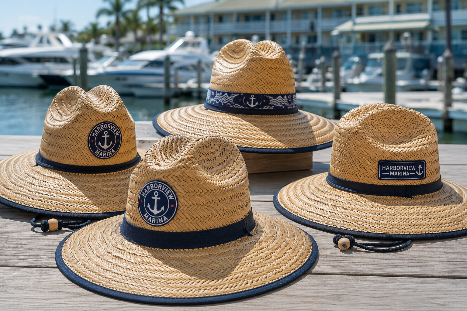 Custom straw lifeguard hats with patches, bands and marina logo options