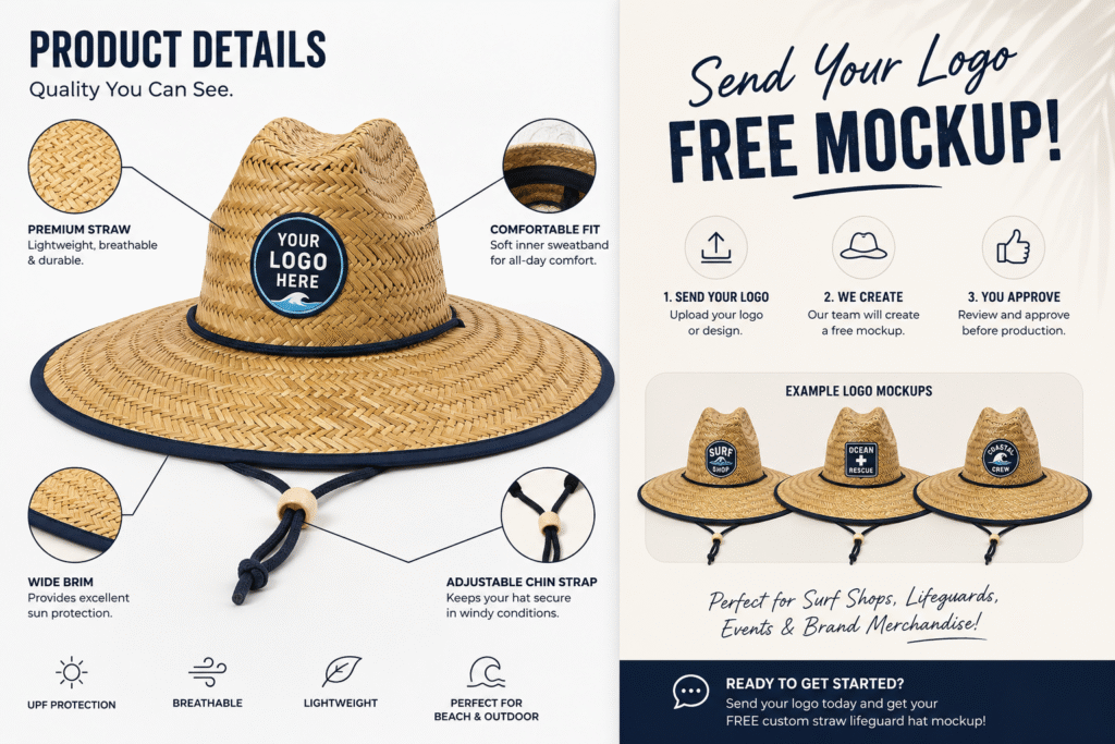 Custom straw lifeguard hat with logo mockup, product detail callouts, and free mockup inquiry guide for surf shops and outdoor brands.jpg