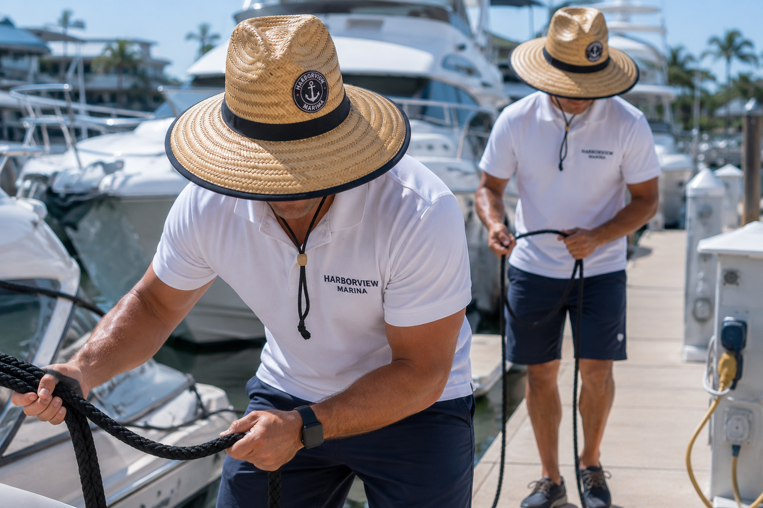 Marina dock crew wearing branded straw lifeguard hats while handling boat lines