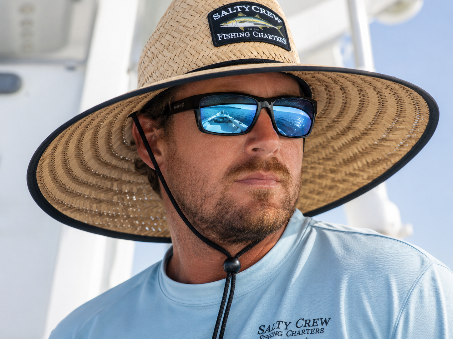 Wide-brim lifeguard hat with an adjustable chin cord for fishing