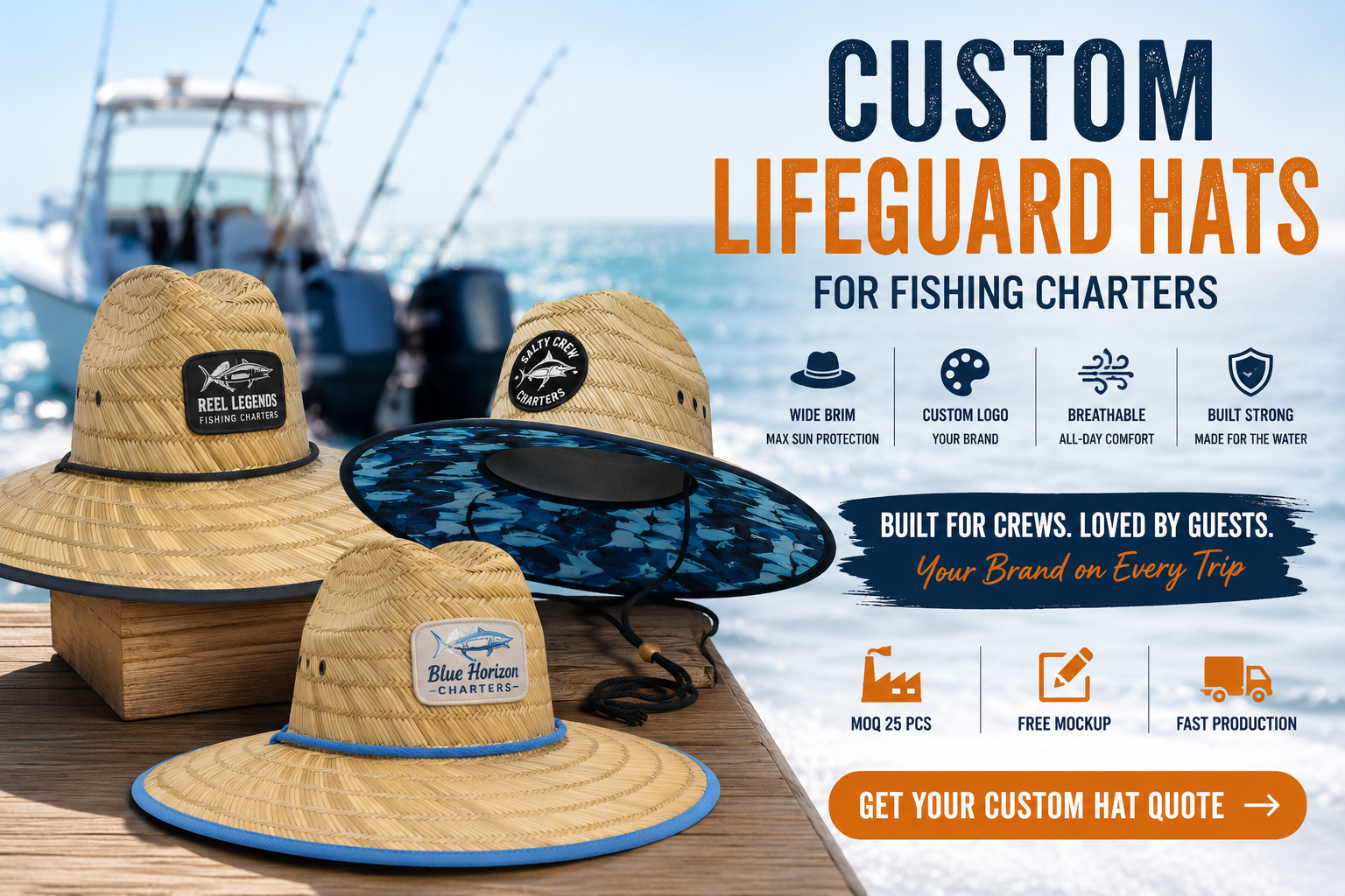 Custom lifeguard hats for fishing charter businesses
