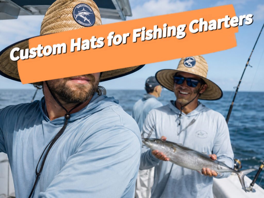 Captain and guest wearing custom lifeguard hats on a fishing charter boat