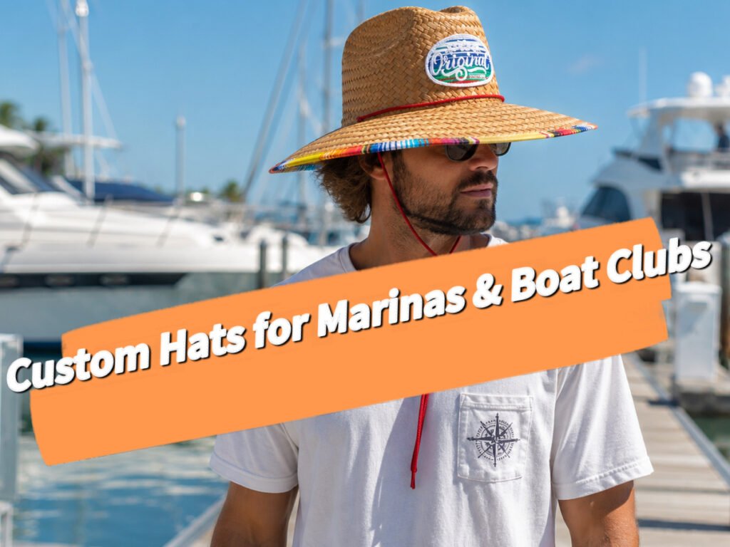 Man wearing a custom straw lifeguard hat with logo at a marina beside docked yachts